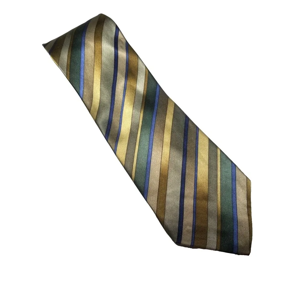 Stonehenge Striped Green Blue Gold Taupe Silk‎ Pointed Smooth Tie